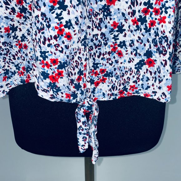 Beach Lunch Lounge Abstract Floral Print V Neck Tie Hem Top Blouse S - Picture 3 of 6